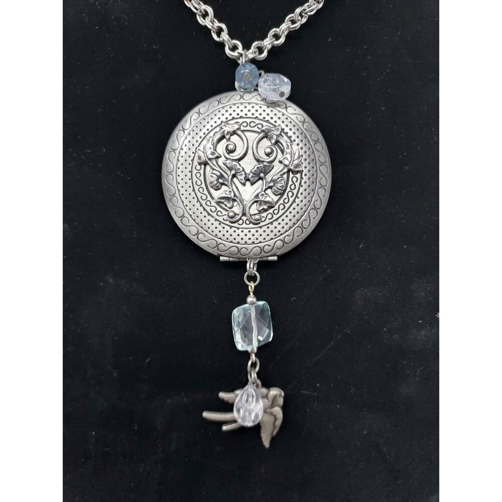 Victorian Look Silver Locket Pendant Necklace w/ Blue Crystals Bird Fob 18" Long
